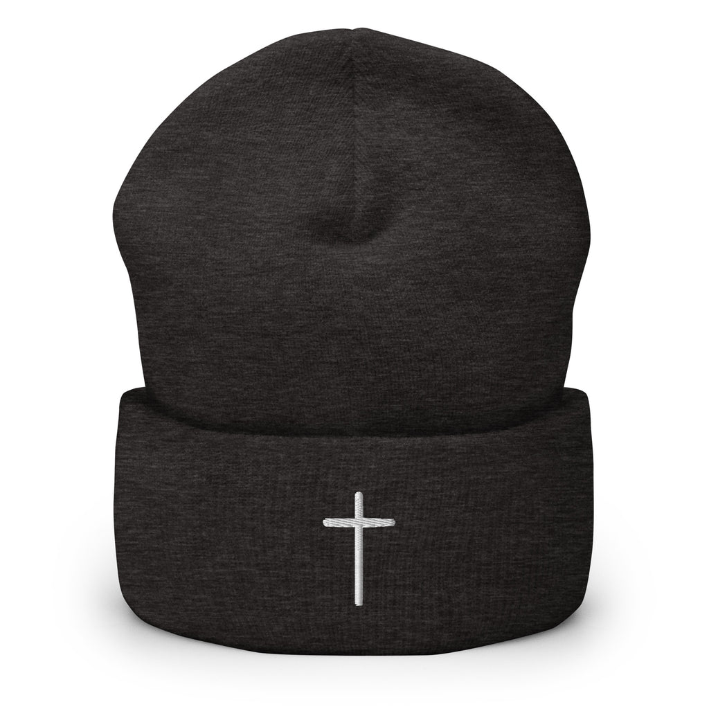 Dark Gray Christian Beanie with White Cross Embroidery for Faith-Inspired Style