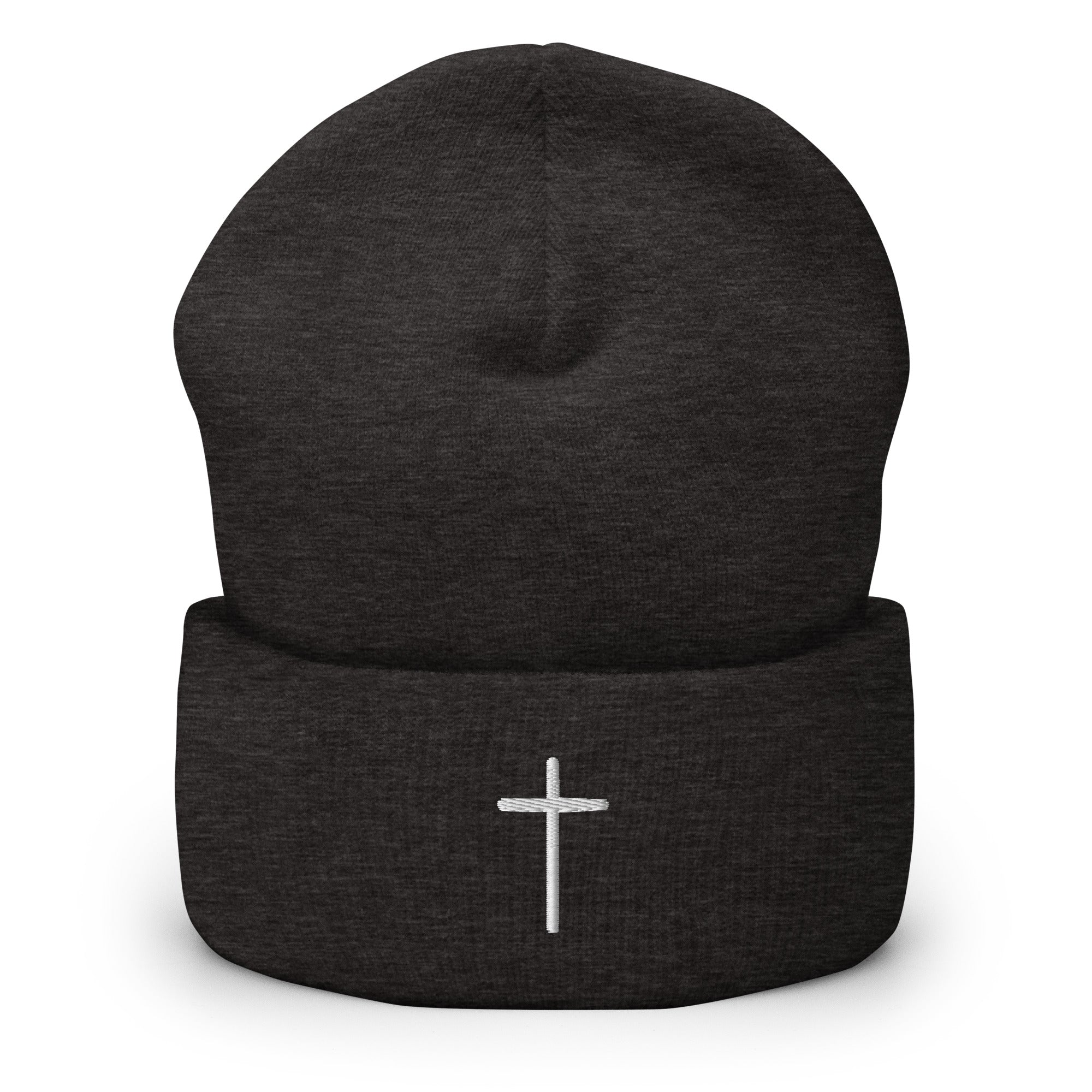 Dark Gray Christian Beanie with White Cross Embroidery for Faith-Inspired Style
