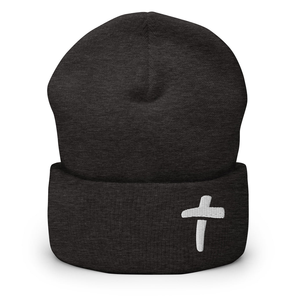 Rep The One Christian Beanie in black featuring a white cross design for stylish faith wear