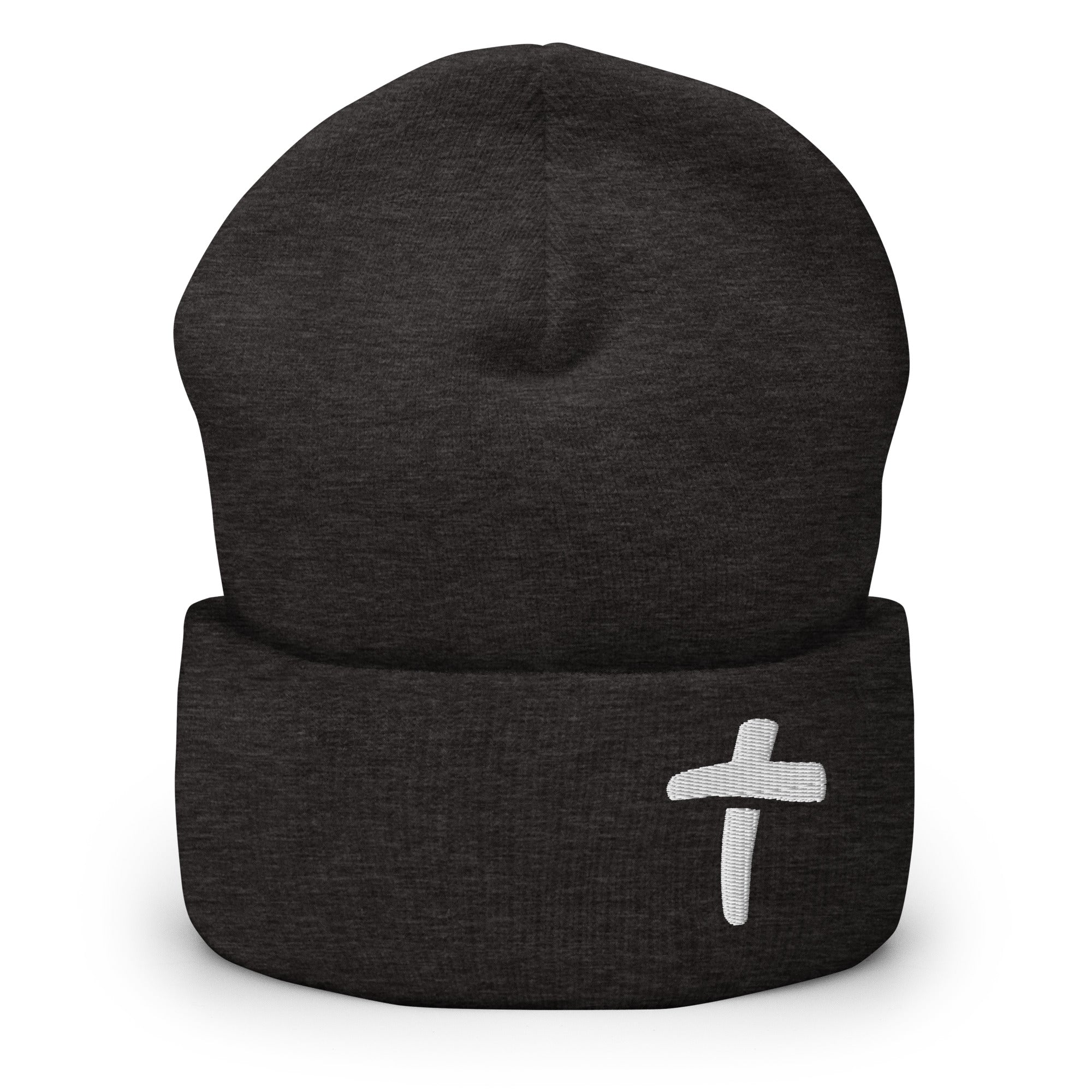 Rep The One Christian Beanie in black featuring a white cross design for stylish faith wear
