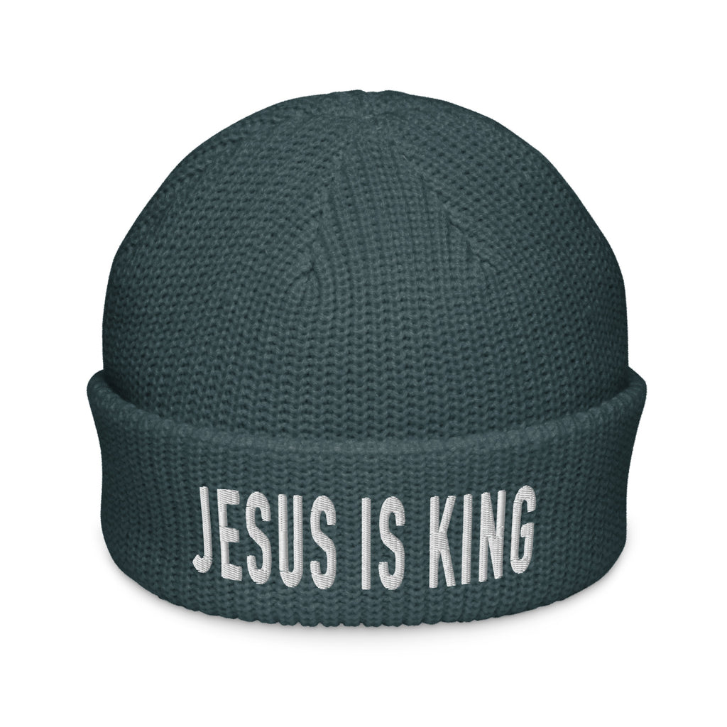 Rep The One Christian Beanie in dark color with 'Jesus is King' embroidered text