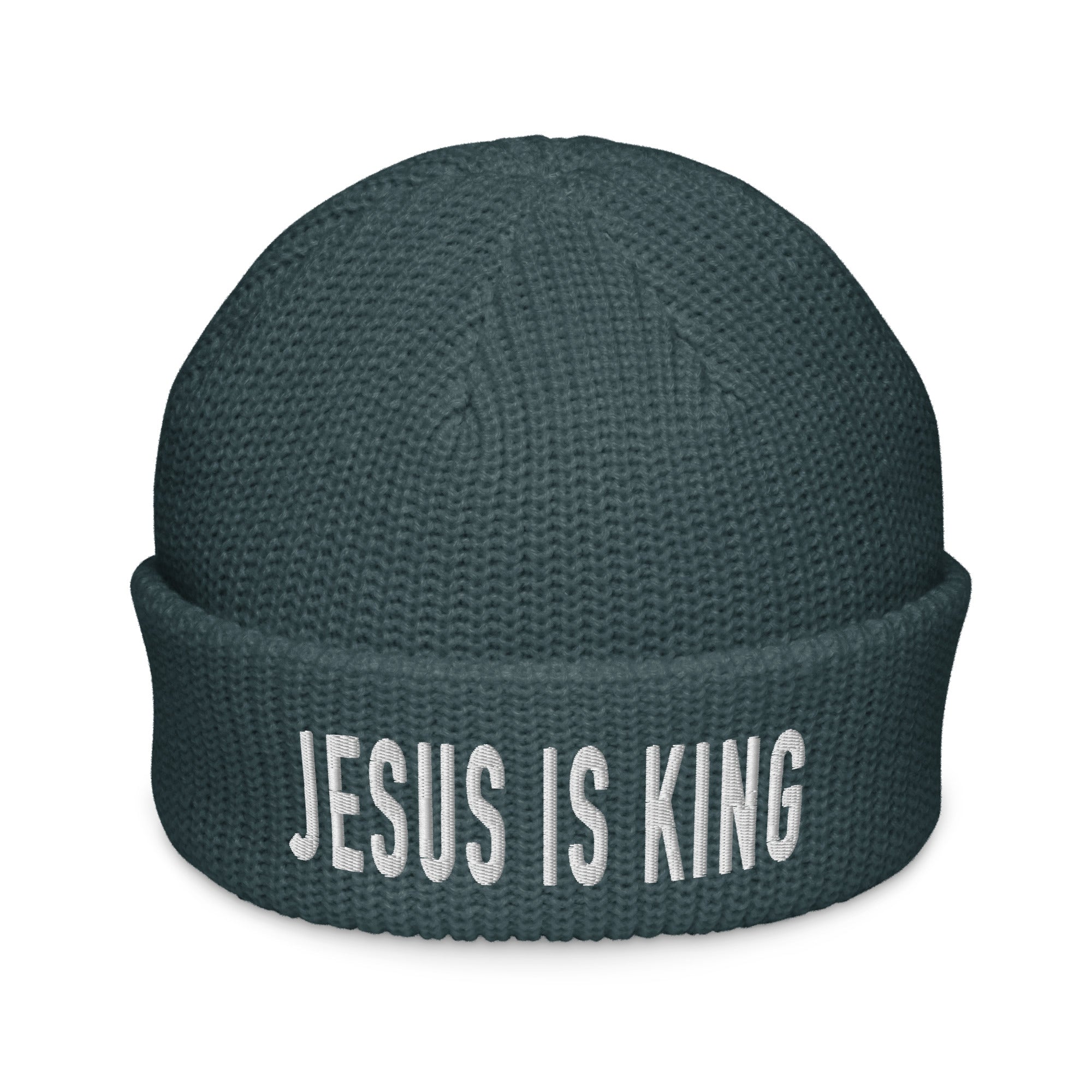 Rep The One Christian Beanie in dark color with 'Jesus is King' embroidered text