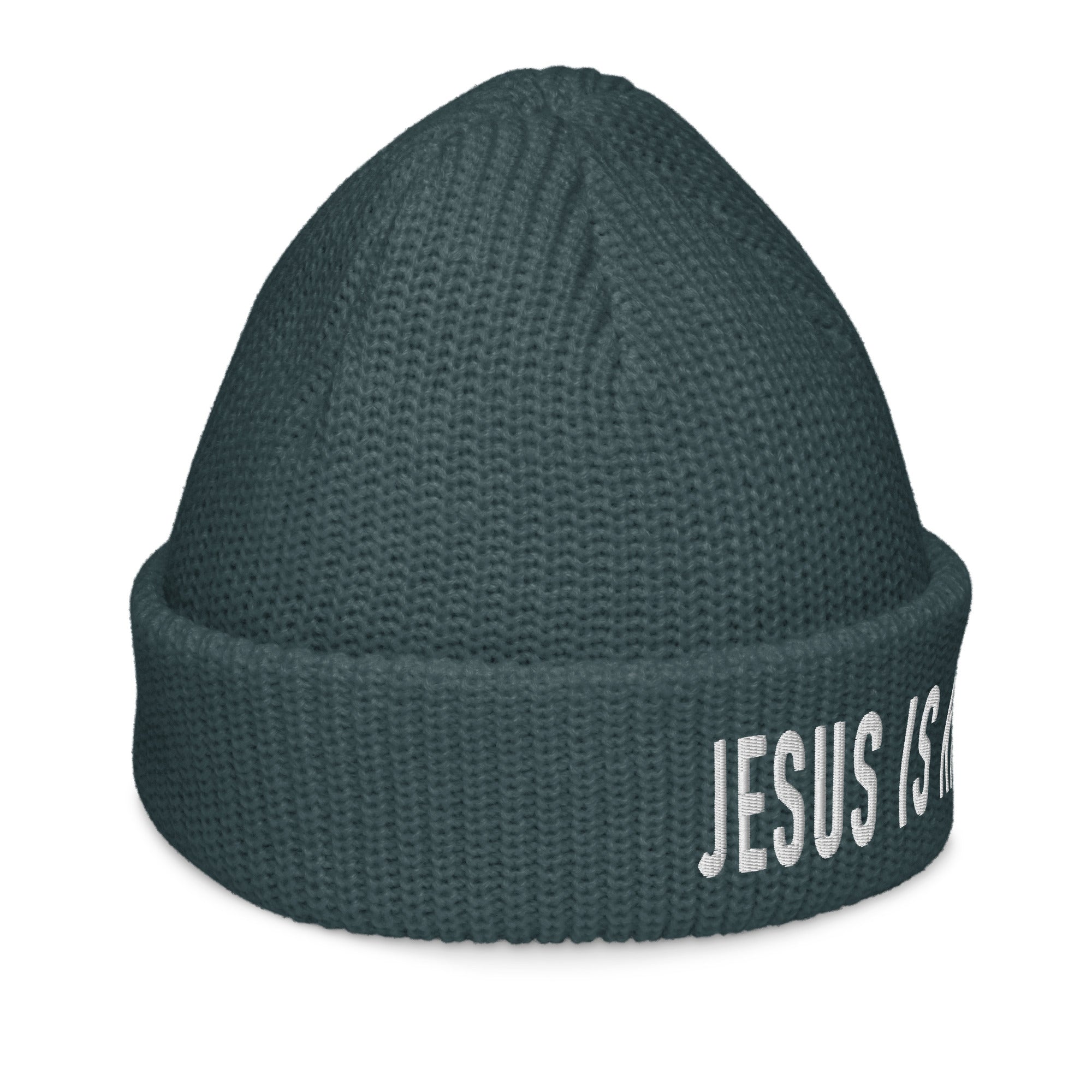 Dark green Christian Beanie featuring 'Jesus Is King' text for stylish winter wear