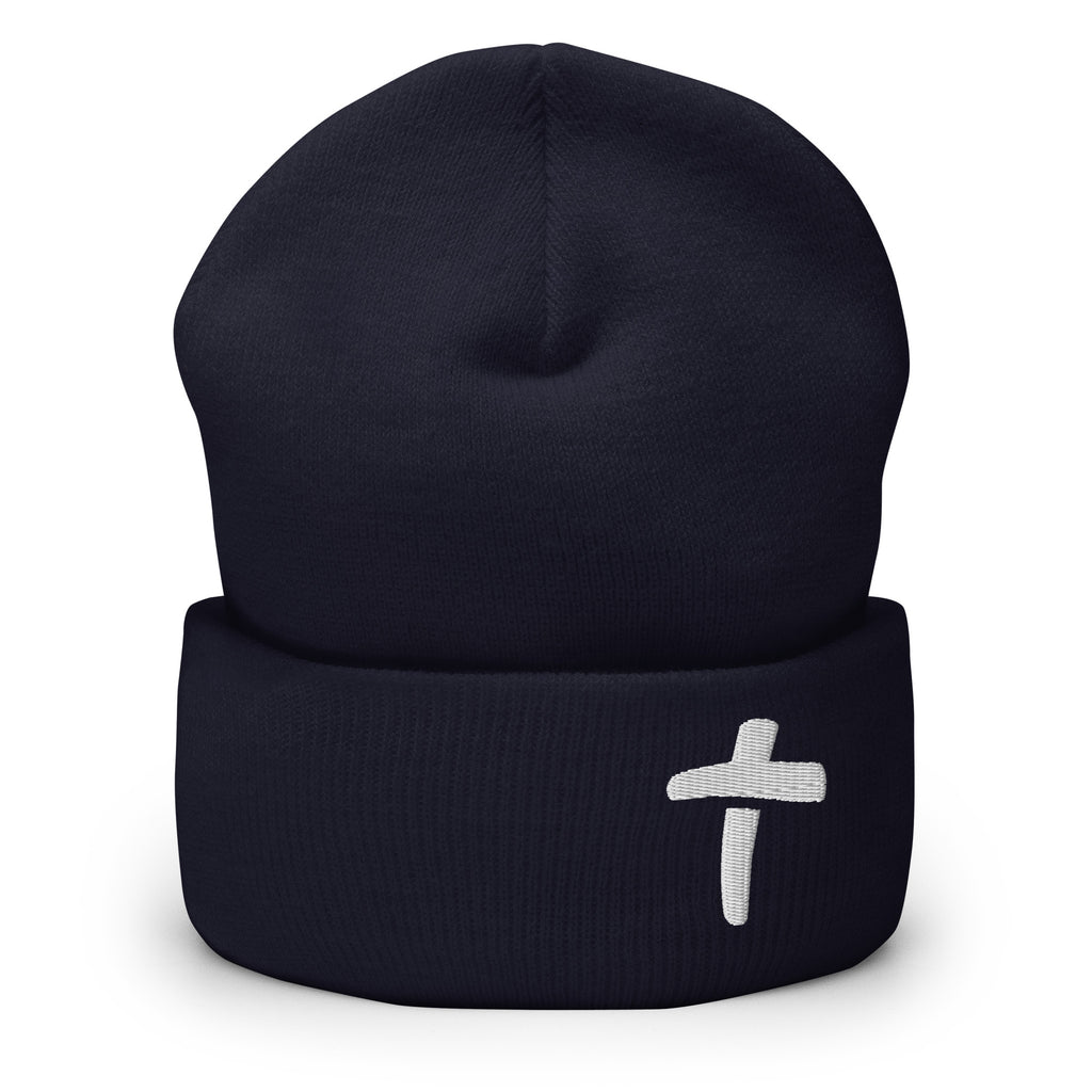 Navy Christian Beanie featuring a white cross emblem for stylish winter wear