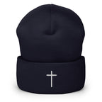 Navy Christian Beanie with a Silver Cross Embroidery for Stylish Faith Expression
