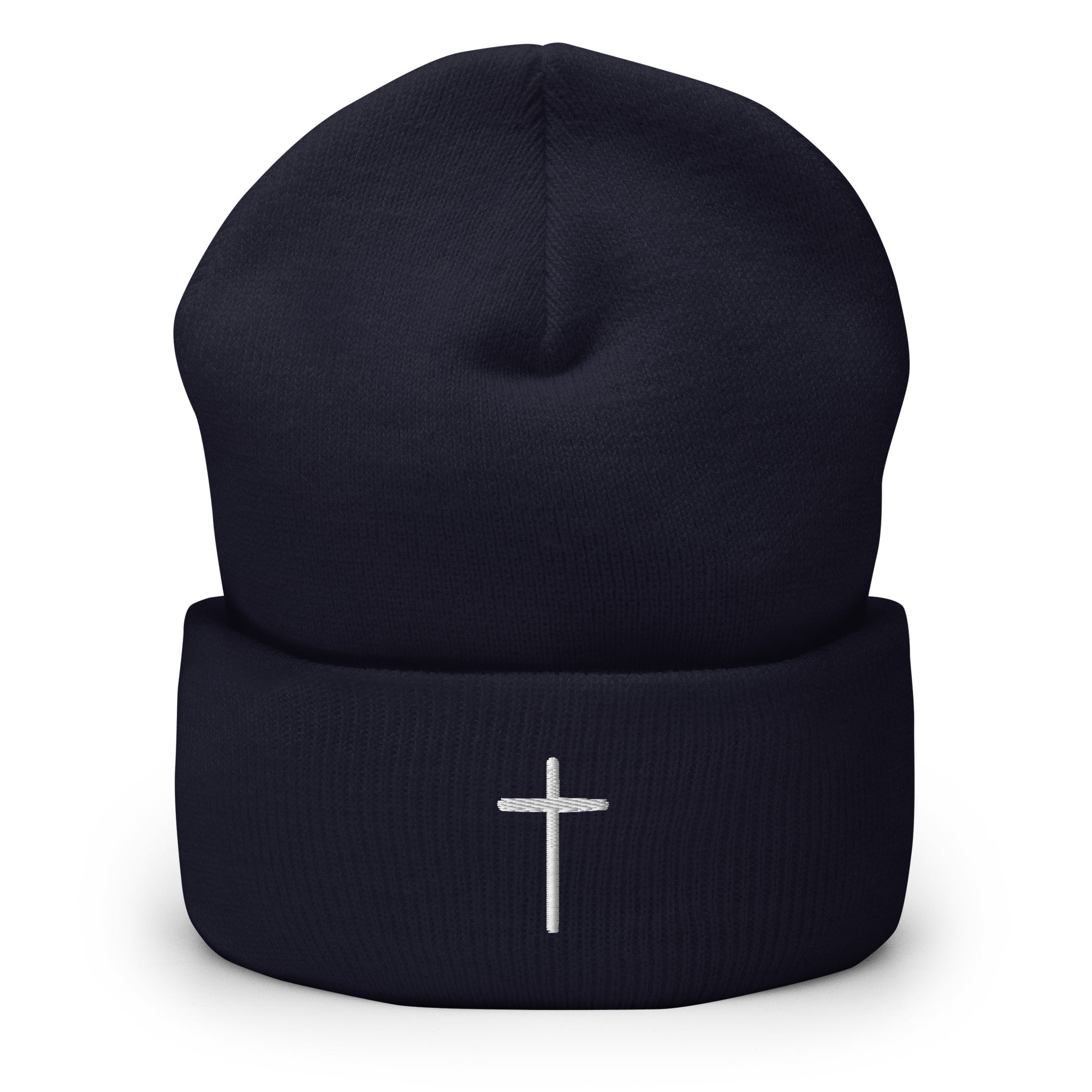Navy Christian Beanie with a Silver Cross Embroidery for Stylish Faith Expression