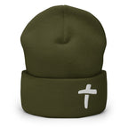 Olive Green Christian Beanie featuring a white cross design for a stylish faith expression