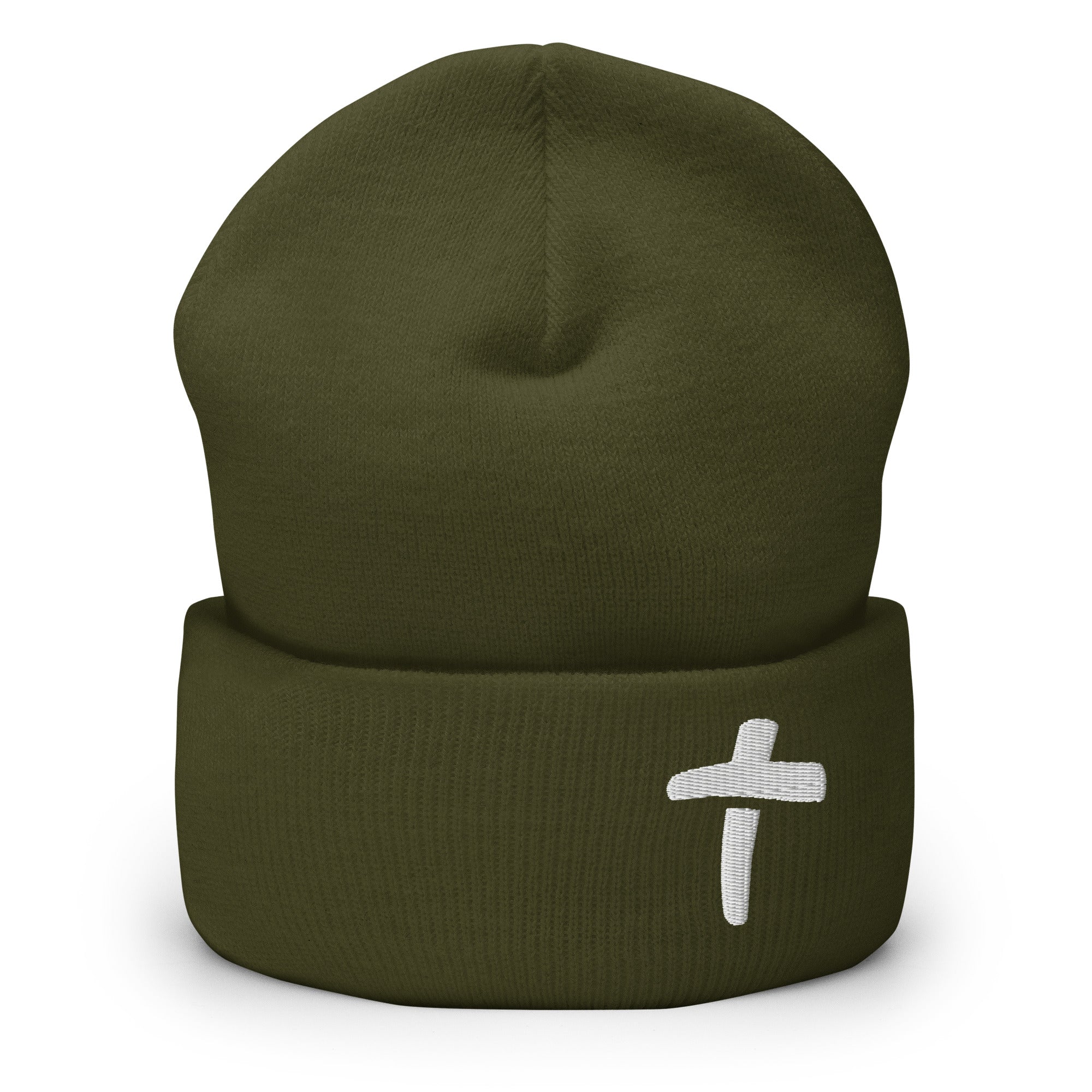 Olive Green Christian Beanie featuring a white cross design for a stylish faith expression