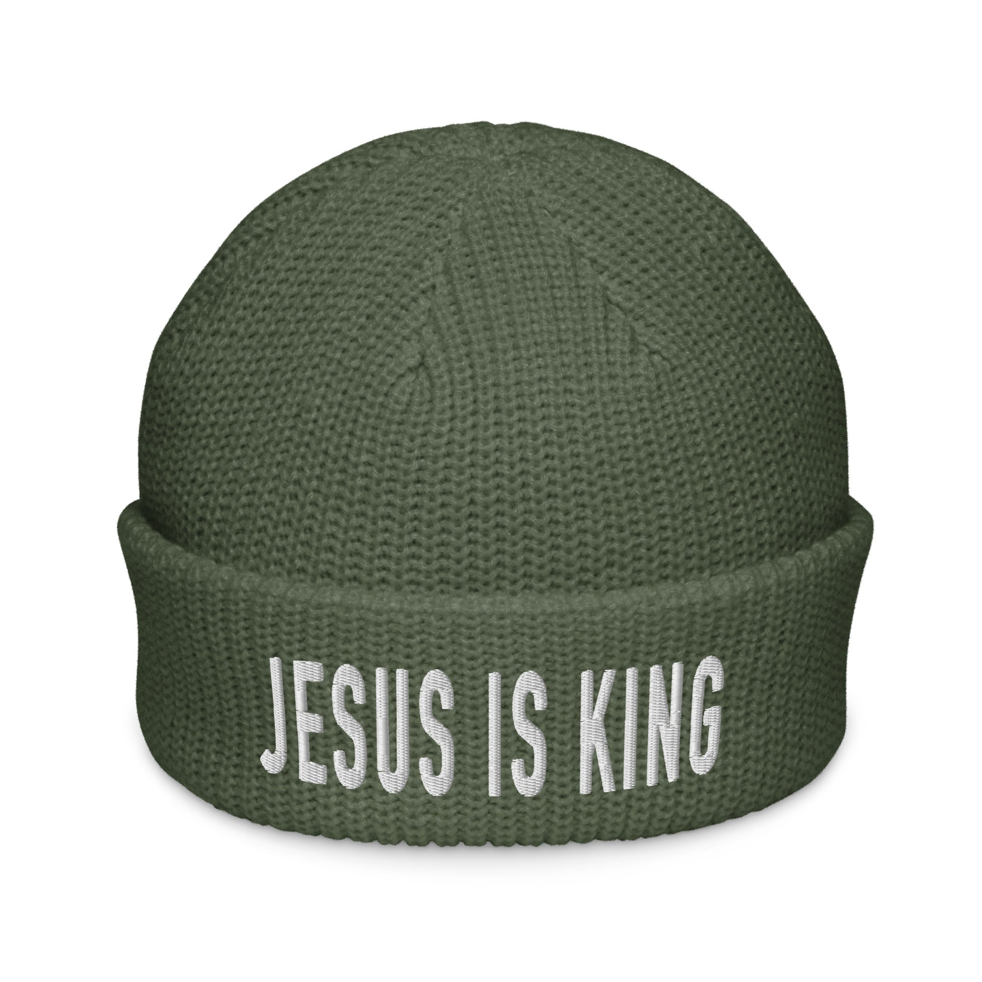 Green Christian Beanie with 'Jesus is King' embroidery for stylish cold weather wear