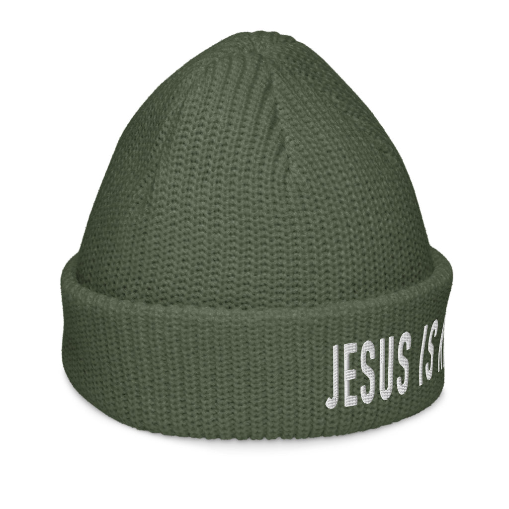 Christian Beanie in Olive Green with 'Jesus is King' embroidered on the cuff