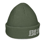 Christian Beanie in Olive Green with 'Jesus is King' embroidered on the cuff