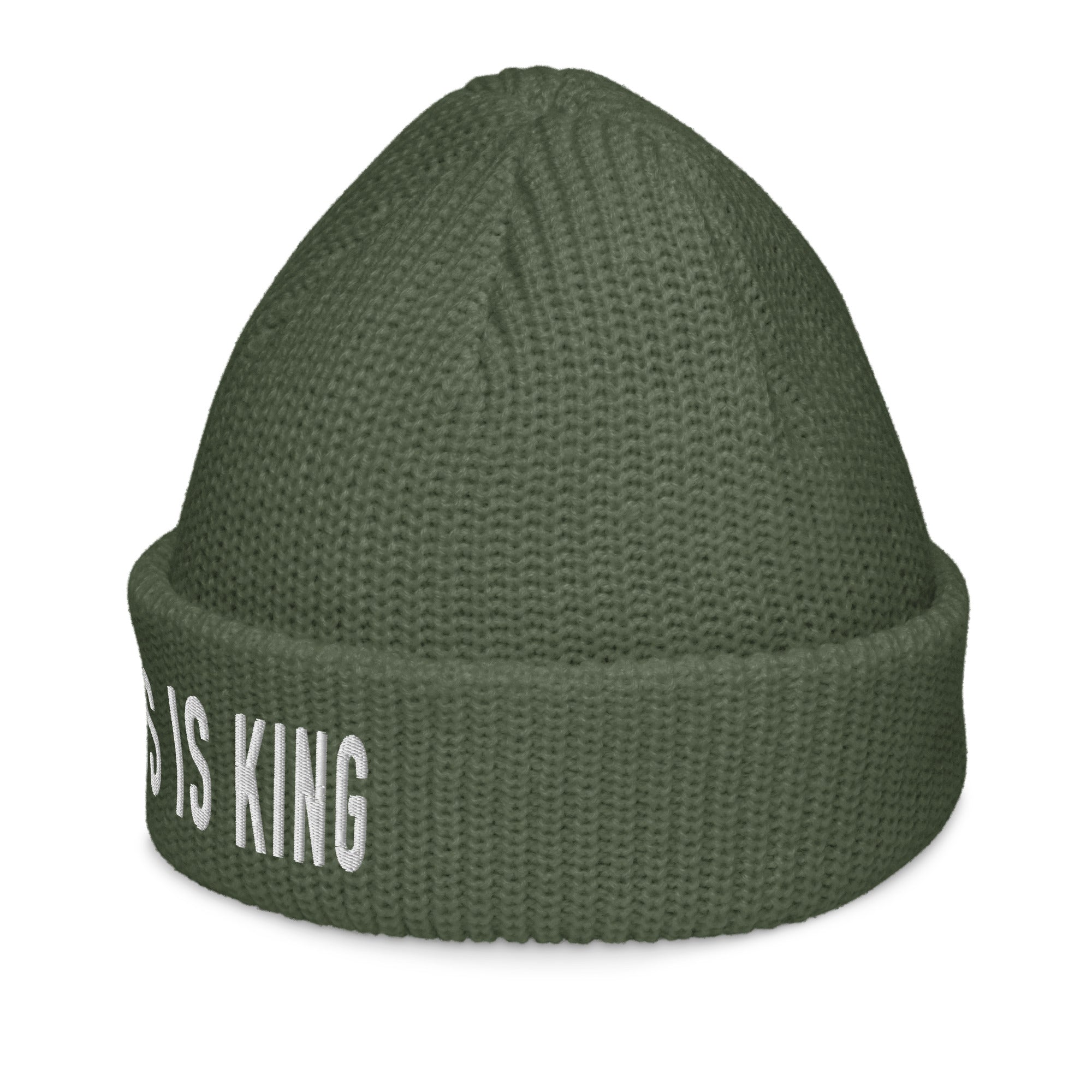 Green Christian Beanie with the text 'Jesus is King' in white for warm winter wear