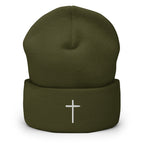 Olive Green Christian Beanie with a White Cross Design for Stylish Faith-Based Wear