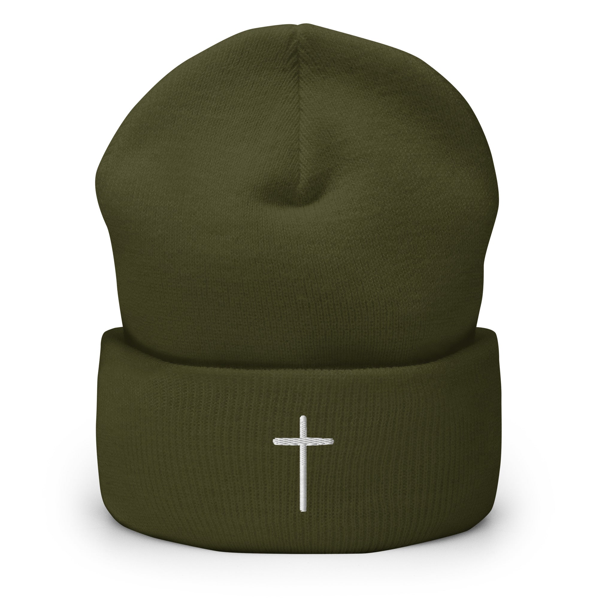 Olive Green Christian Beanie with a White Cross Design for Stylish Faith-Based Wear
