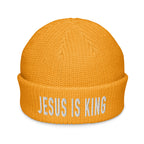 Bright orange Christian Beanie with 'Jesus Is King' embroidered in white letters
