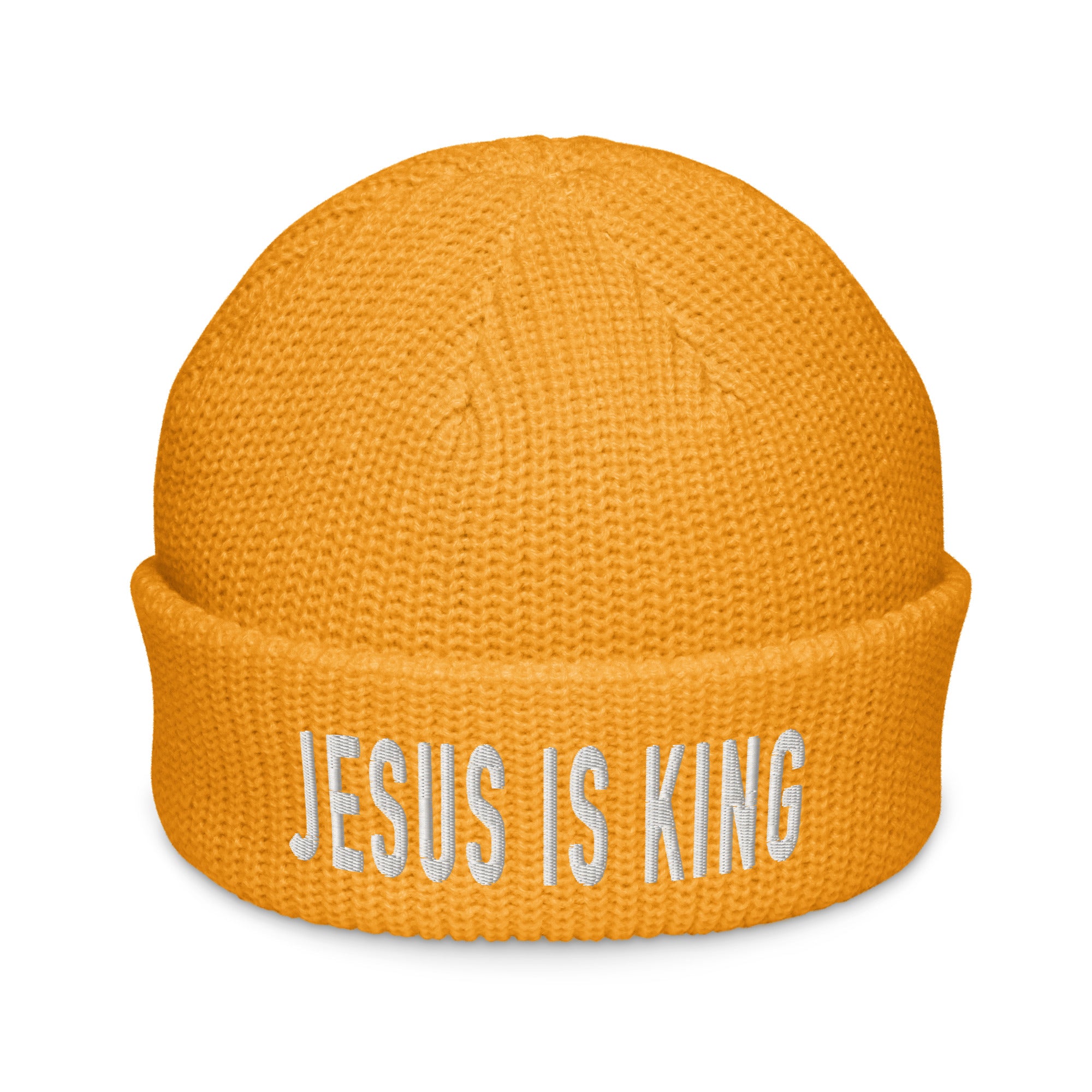 Bright orange Christian Beanie with 'Jesus Is King' embroidered in white letters
