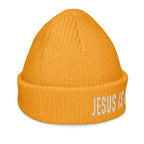 Bright orange Christian Beanie with embroidered 'JESUS IS KING' message for stylish faith wear