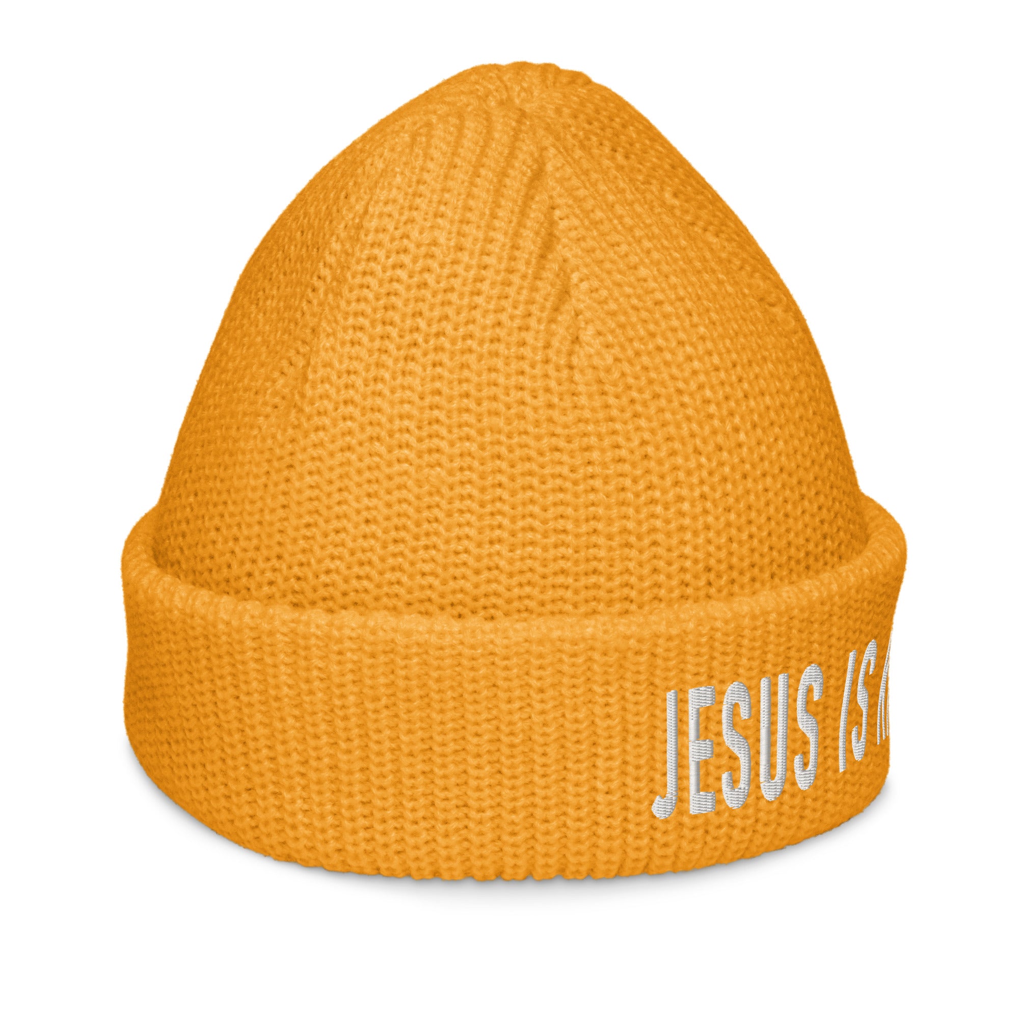 Bright orange Christian Beanie with embroidered 'JESUS IS KING' message for stylish faith wear