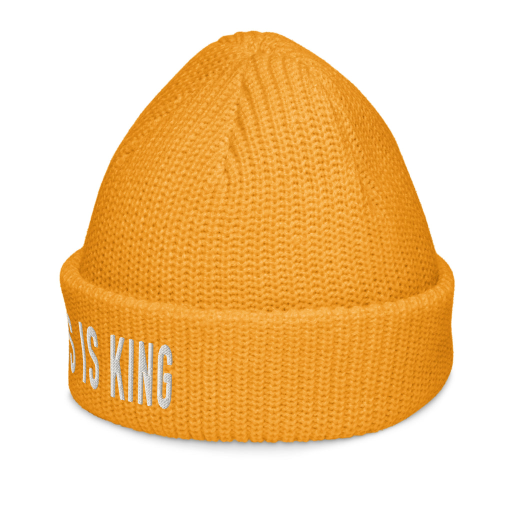 Bright orange Christian Beanie with text design stating 'Jesus is King' for stylish winter wear