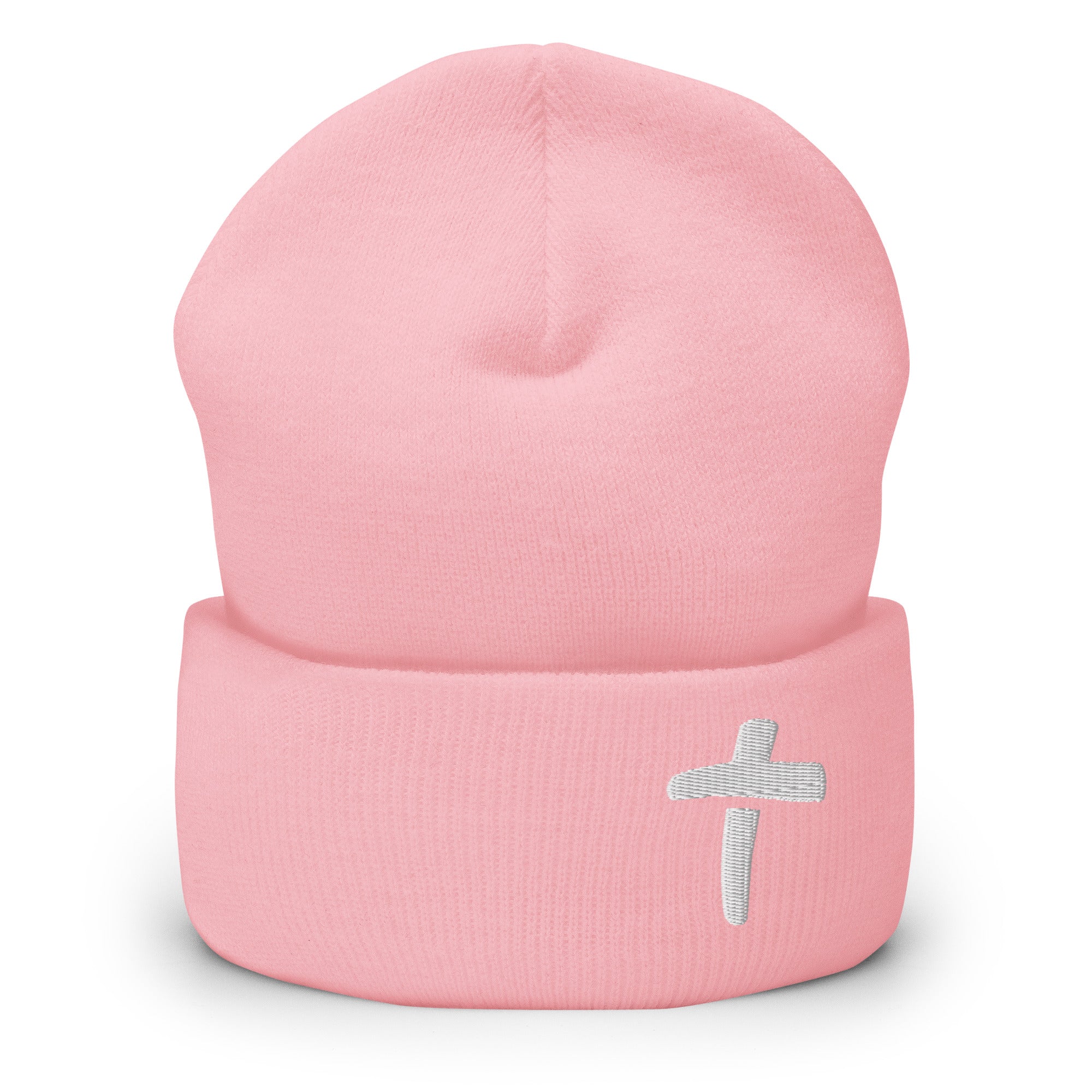 Pink Christian Beanie with a White Cross Design for Stylish Faith Expression