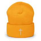 Bright orange Christian Beanie with a white embroidered cross on the cuff