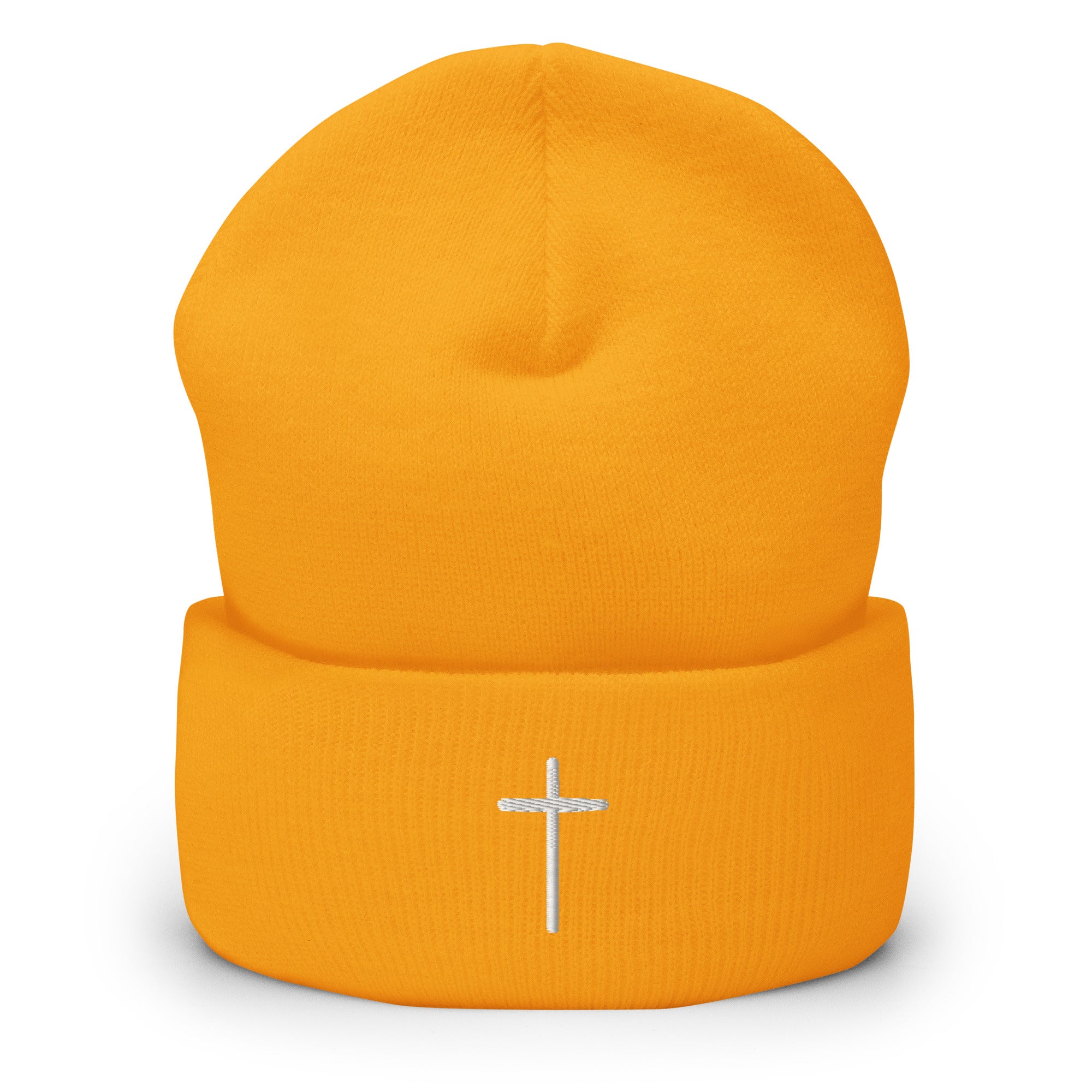 Bright orange Christian Beanie with a white embroidered cross on the cuff