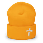 Bright yellow Christian Beanie with a simple white cross design for stylish faith expression