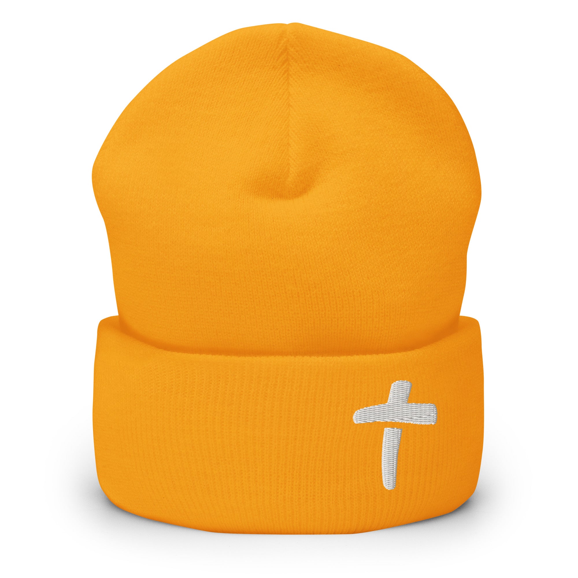Bright yellow Christian Beanie with a simple white cross design for stylish faith expression