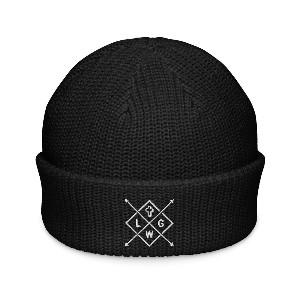 Black Christian Embroidered Beanie featuring a unique logo for stylish warmth