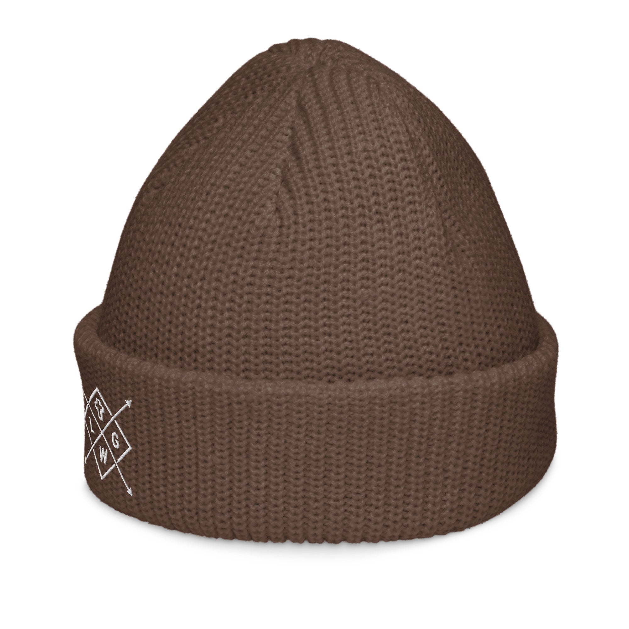 Christian Embroidered Beanie in brown with a cozy knit design for warm winter wear