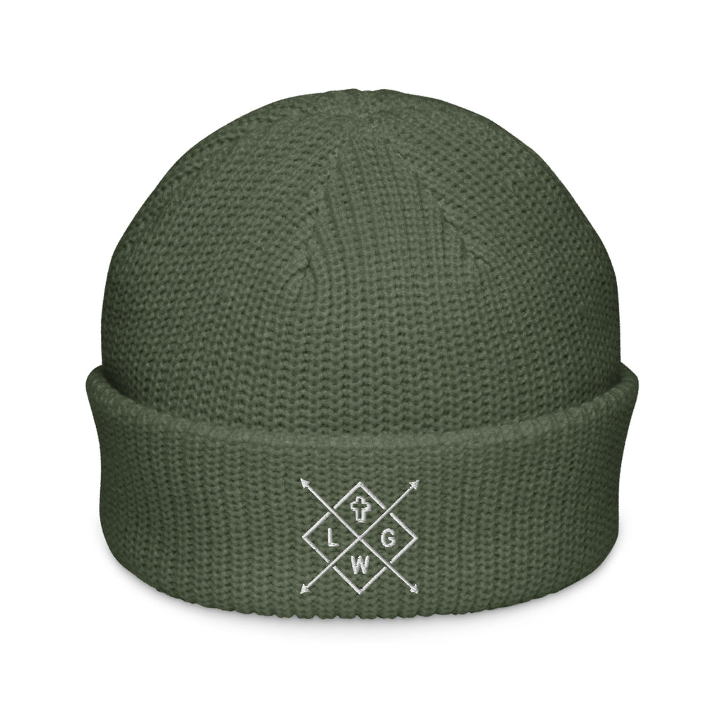 Olive Green Christian Embroidered Beanie with a stylish logo for cool weather fashion