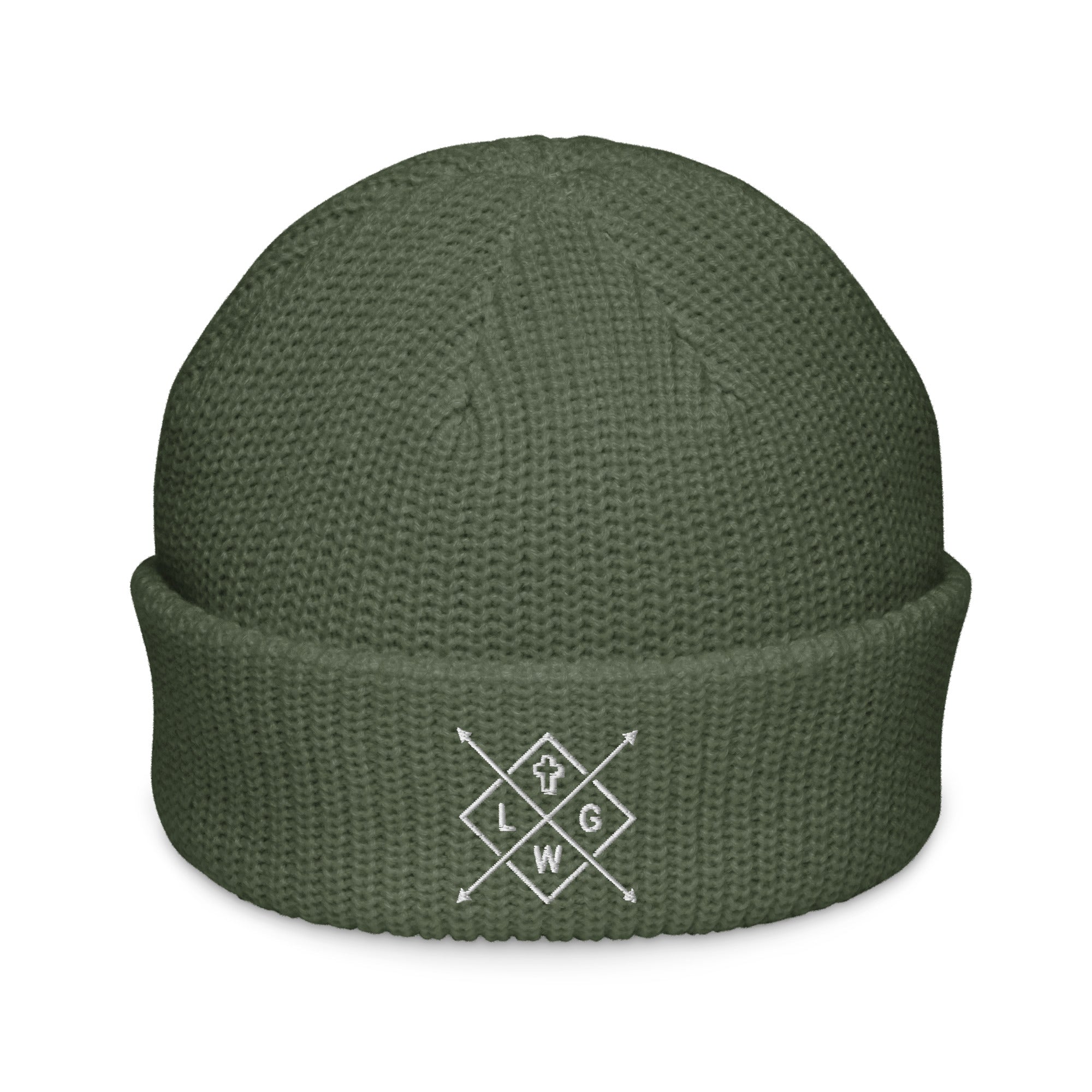 Olive Green Christian Embroidered Beanie with a stylish logo for cool weather fashion