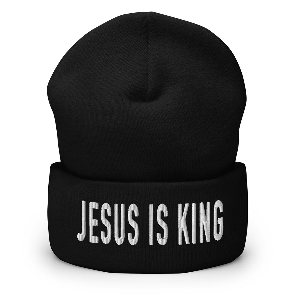 Christian Embroidered Beanie in black featuring 'JESUS IS KING' lettering for stylish faith expression