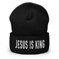 Christian Embroidered Beanie in black featuring 'JESUS IS KING' lettering for stylish faith expression