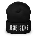 Christian Embroidered Beanie in black featuring 'JESUS IS KING' lettering for stylish faith expression