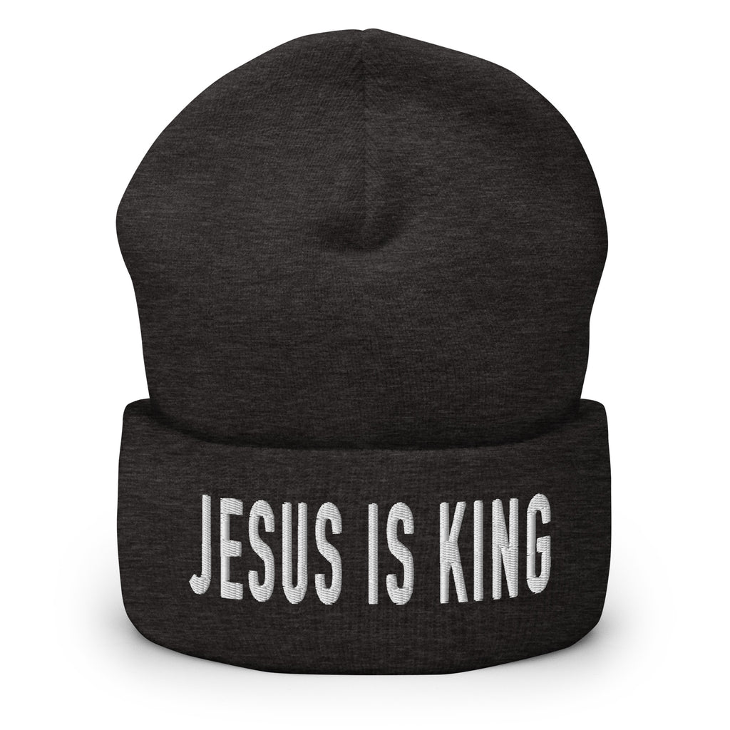 Christian Embroidered Beanie in Black with 'Jesus Is King' Text for Faith-Inspired Style