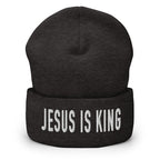 Christian Embroidered Beanie in Black with 'Jesus Is King' Text for Faith-Inspired Style