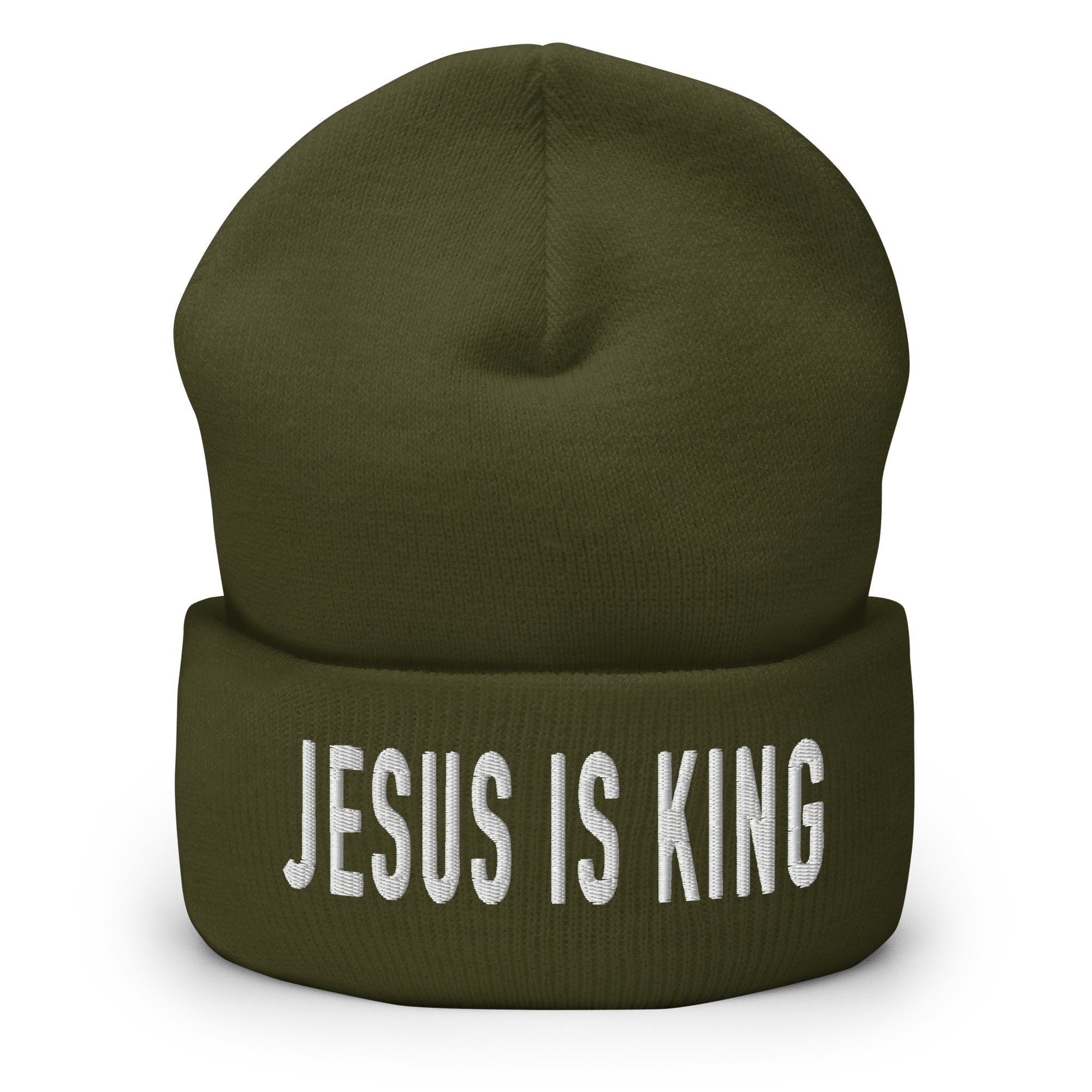 Christian Embroidered Beanie in Olive Green with 'Jesus is King' Text Design