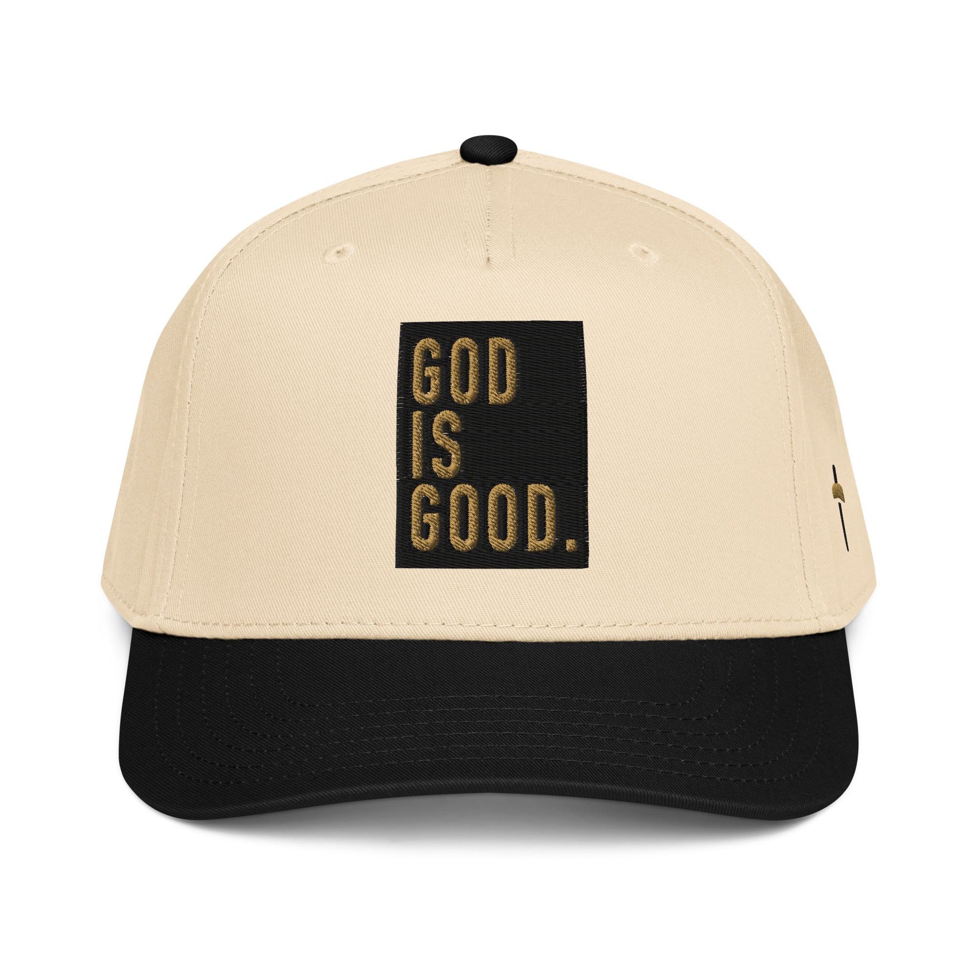 Christian Embroidered Hat in beige and black featuring 'God is Good' text design