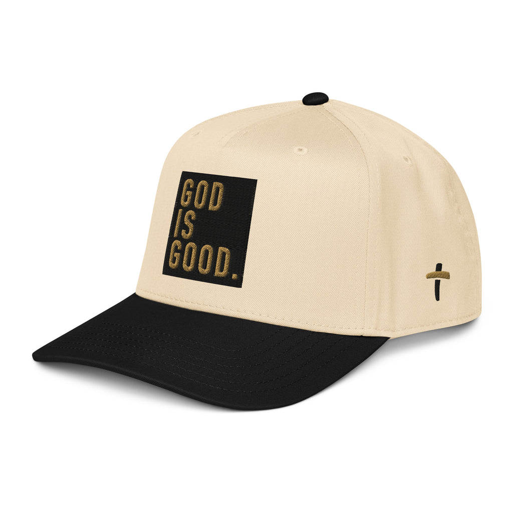 Christian Embroidered Hat in beige and black with 'God Is Good' text design