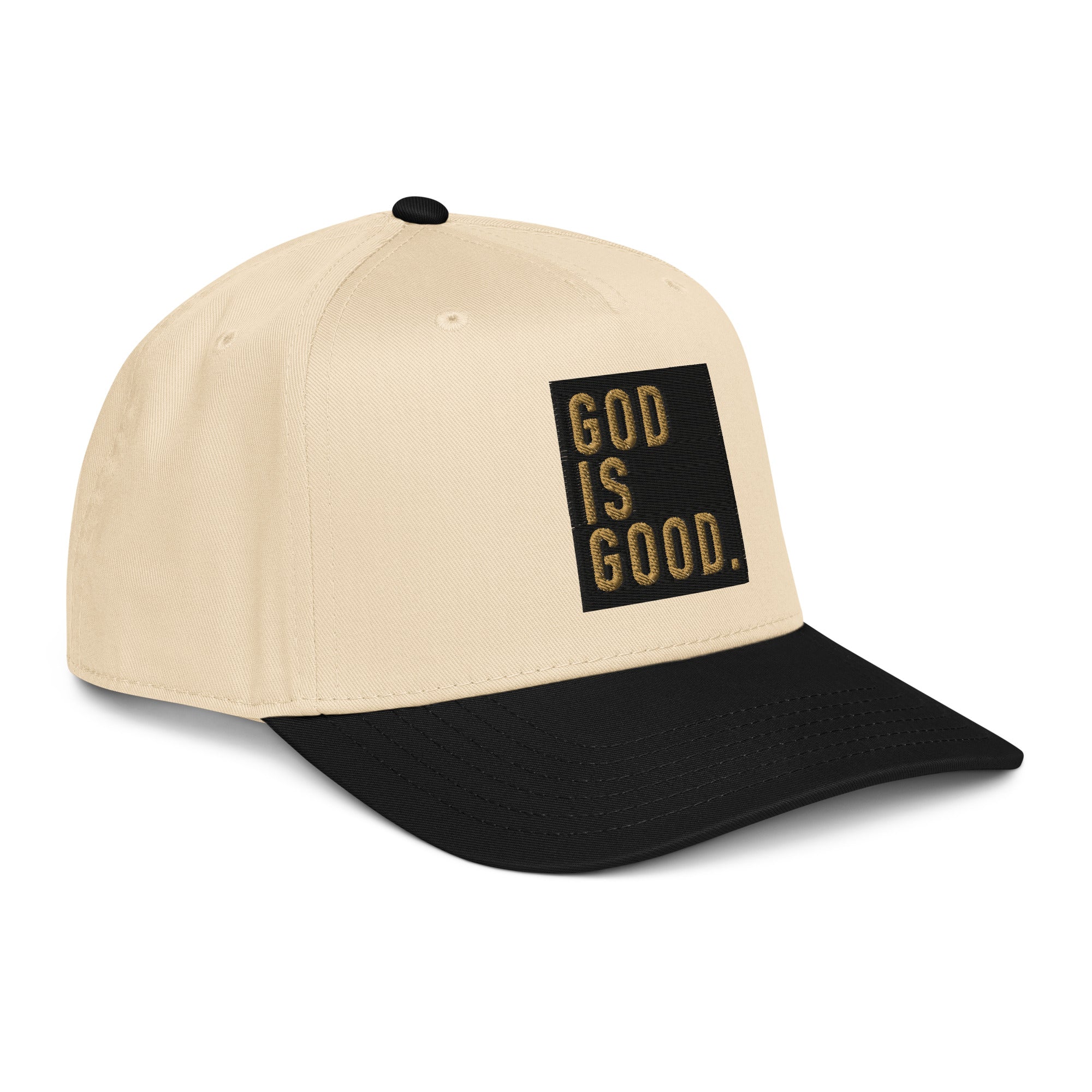 Christian Embroidered Hat with black and gold text saying God Is Good for stylish faith expression