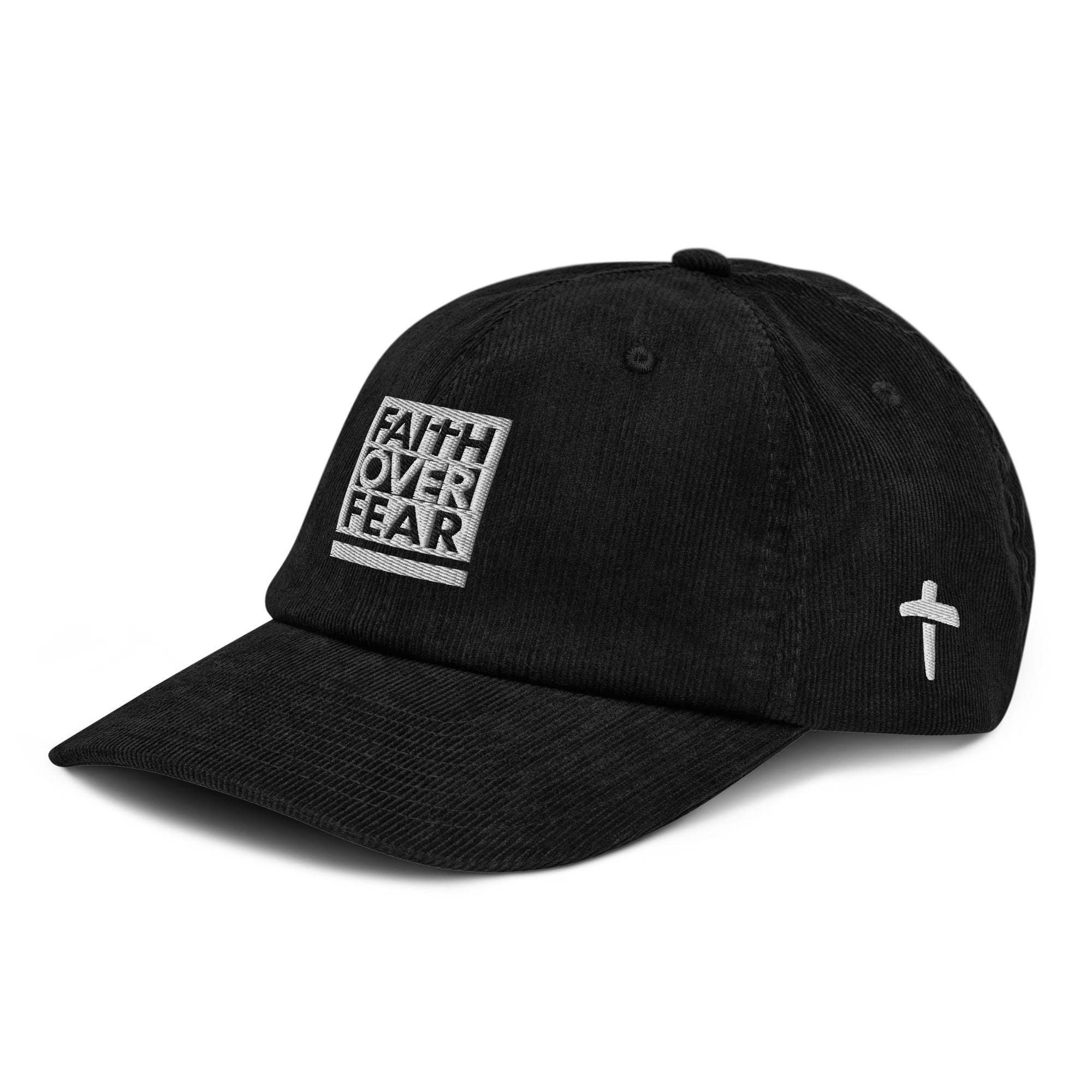 Christian Embroidered Hat in black with Faith Over Fear design and a cross on the side