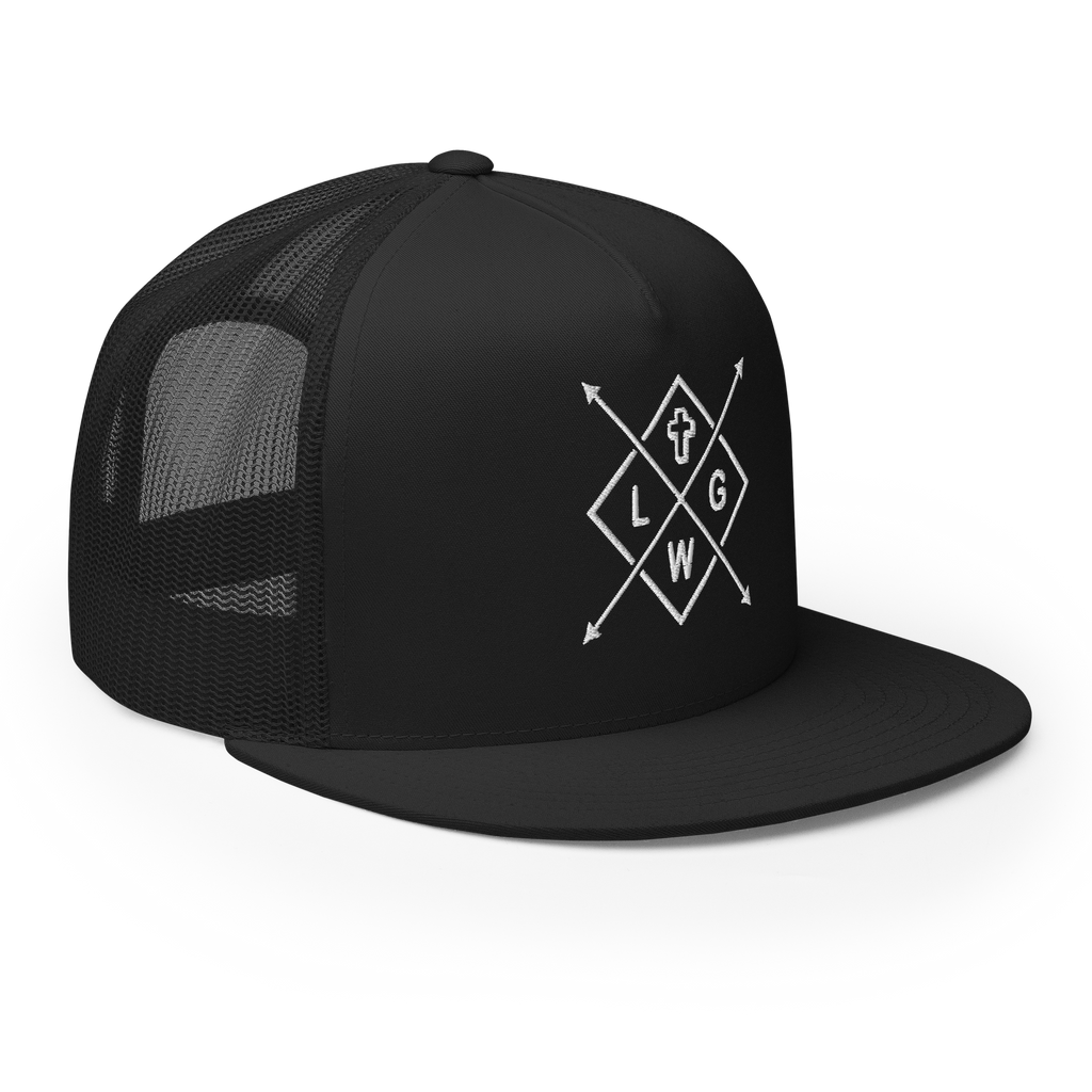 Black Christian Embroidered Hat with geometric design and mesh back for breathable comfort