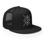 Black Christian Embroidered Hat with geometric design and mesh back for breathable comfort