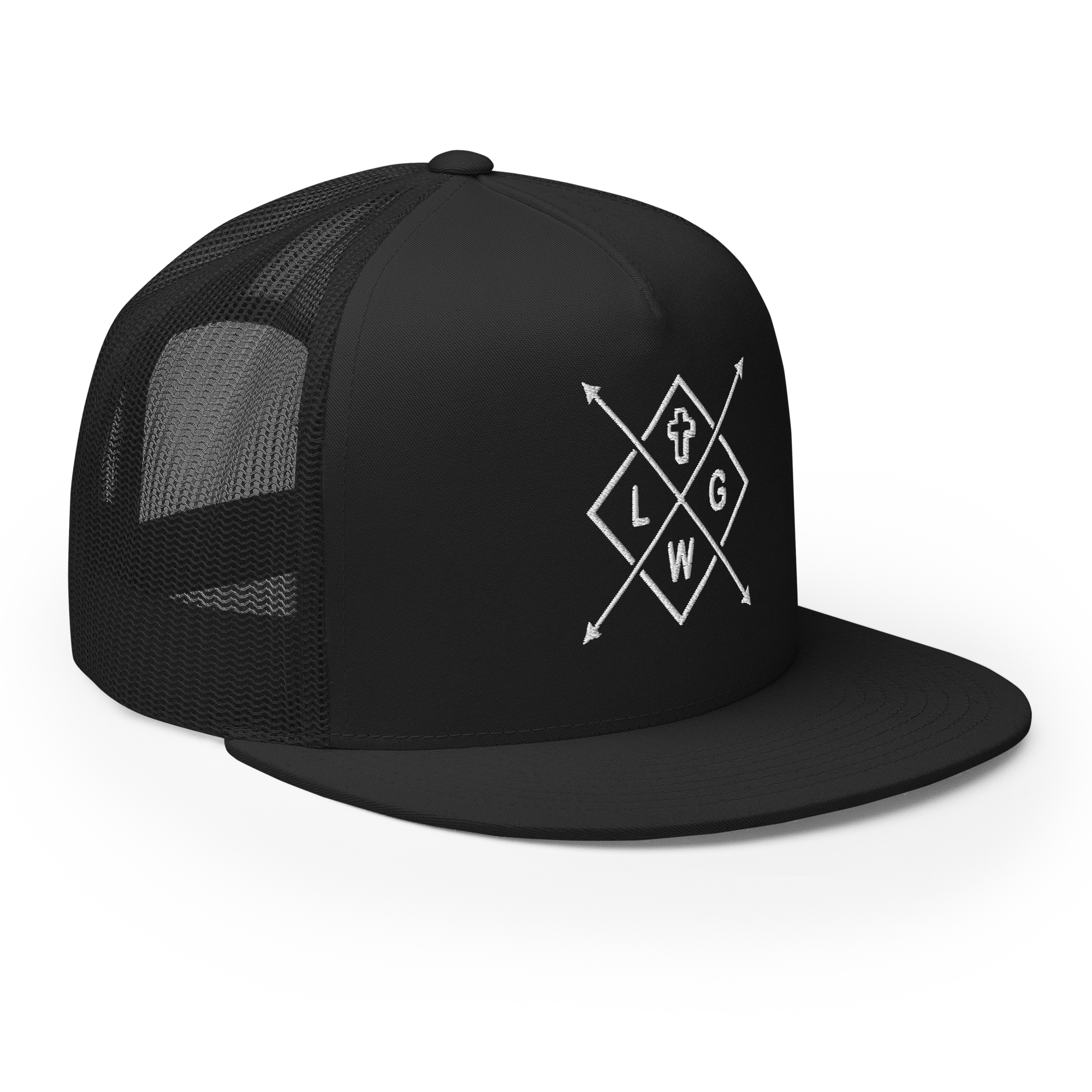 Black Christian Embroidered Hat with geometric design and mesh back for breathable comfort