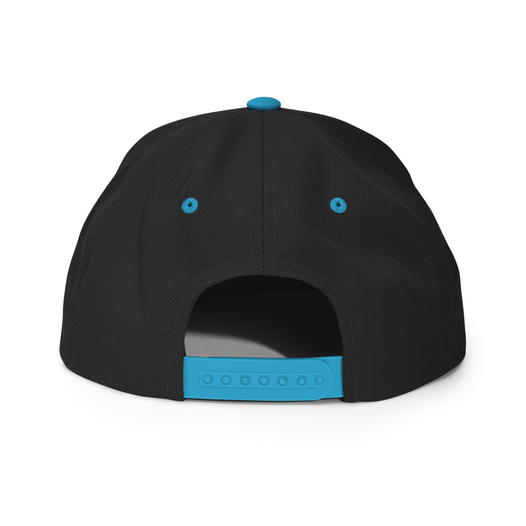 Back view of a black Christian Embroidered Hat with blue adjustable strap and button