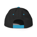Back view of a black Christian Embroidered Hat with blue adjustable strap and button