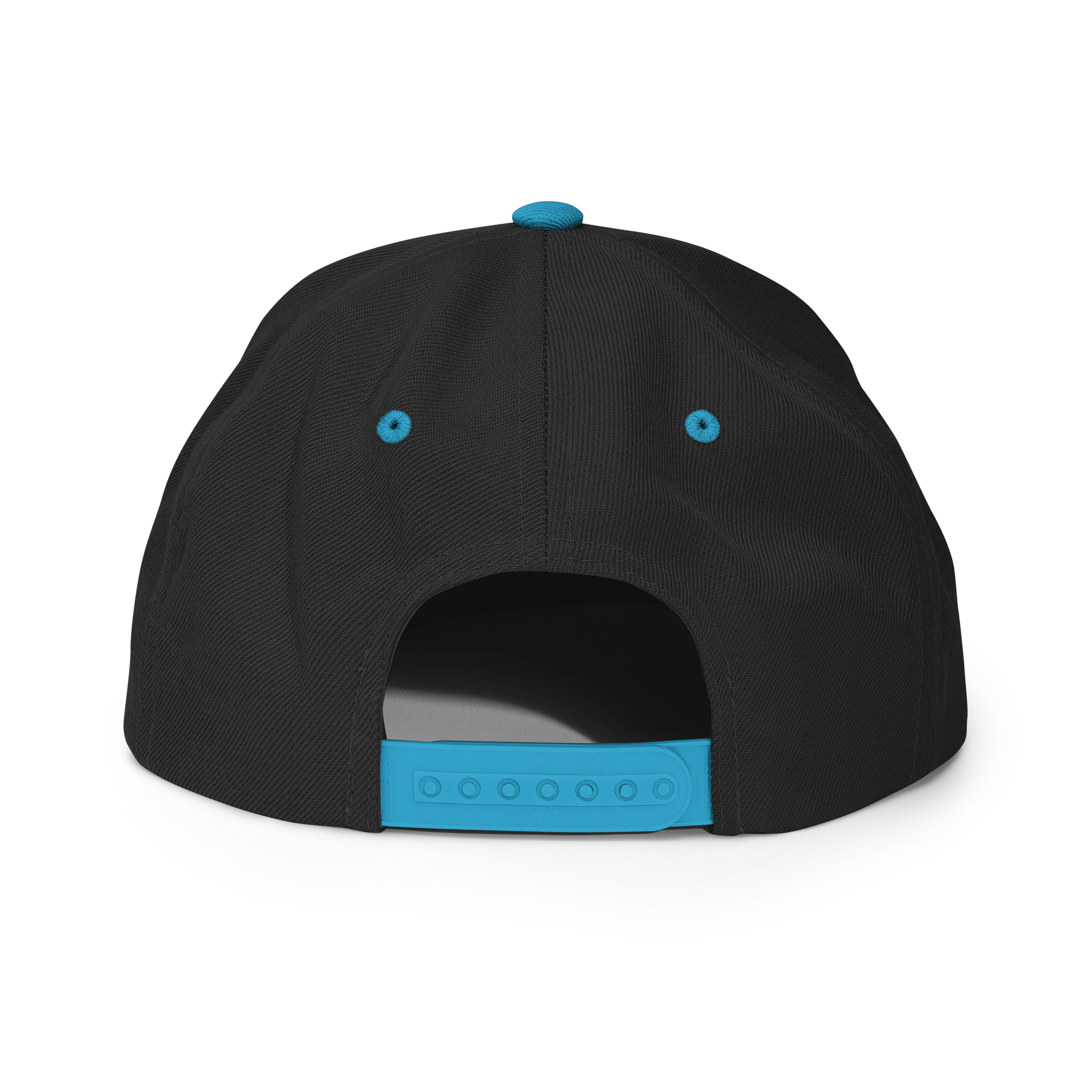 Back view of a black Christian Embroidered Hat with blue adjustable strap and button