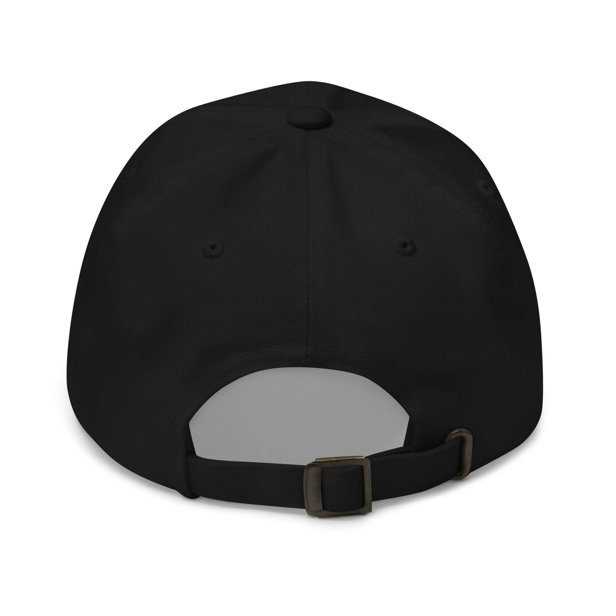 Back view of a black Christian Embroidered Hat with adjustable strap for a comfortable fit