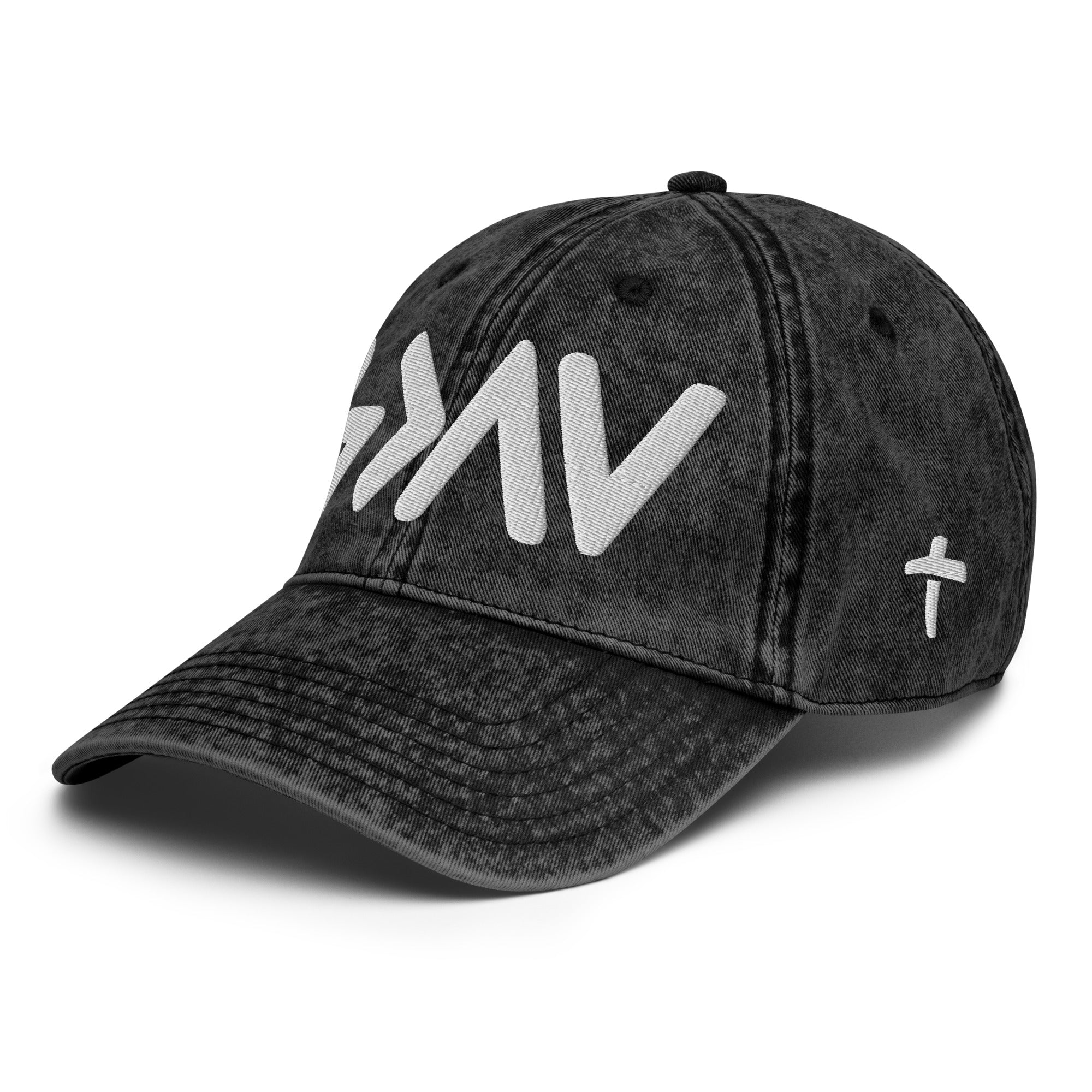 Christian Embroidered Hat in black denim with stylish lettering and cross design